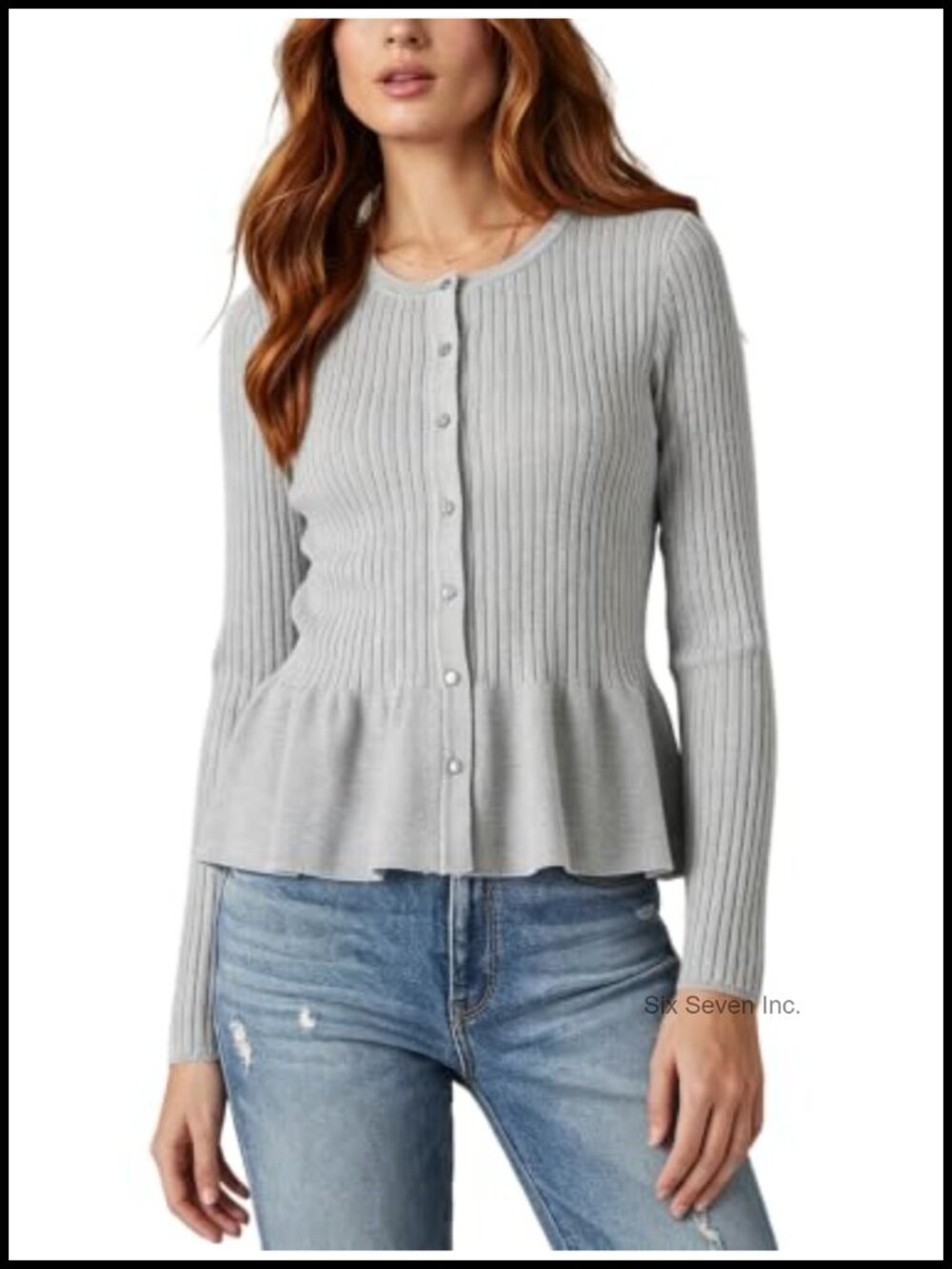 Women's Peplum Knit Ruffle Cardigan Sweater Button Crew Neck